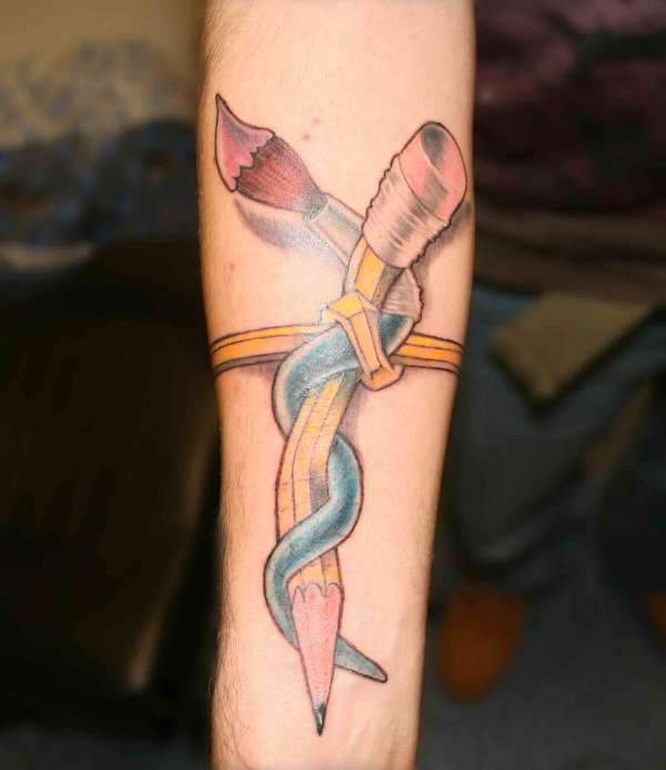 Paintbrush And Pencil Tattoo On Forearm