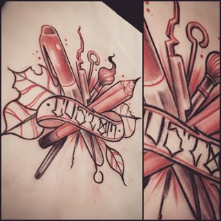 Paintbrush And Pencil With Banner Tattoo Design
