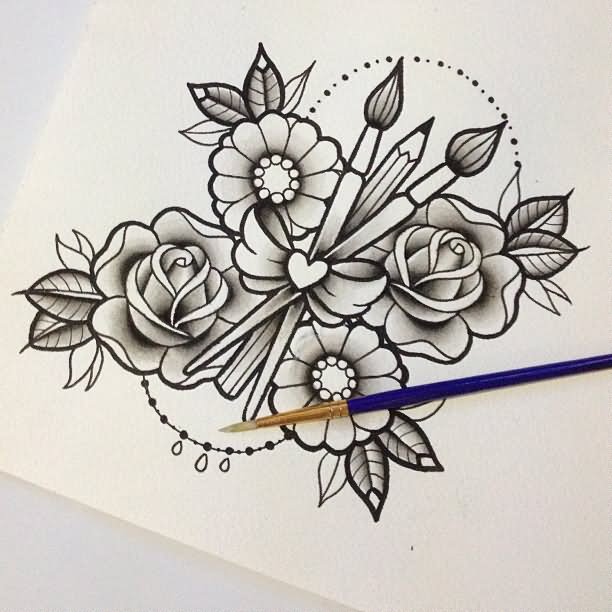 Paintbrush And Pencil With Flowers Tattoo Design