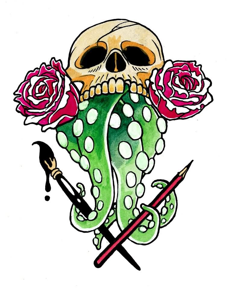 Paintbrush And Pencil With Skull Tattoo Design