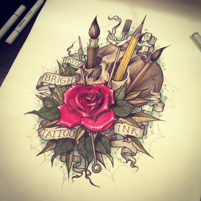 Pencil In Skull With Rose And Banner Tattoo Design