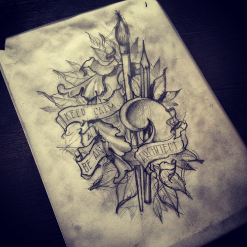 Pencil With Brush And Banner Tattoo Design