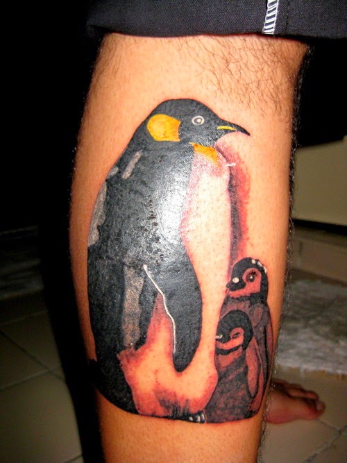 Penguin Family Tattoo On Right Leg