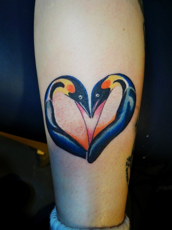Penguin Heart Tattoo On Leg by Ratdaddytattoo