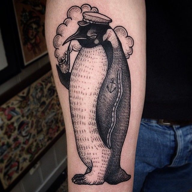 Penguin Smoking Pipe Tattoo On Man Right Sleeve