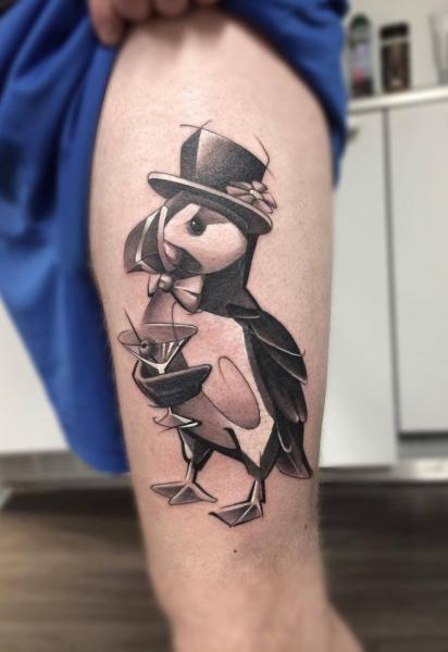 Penguin Tattoo On Leg Sleeve by Mefisto Tattoo Studio