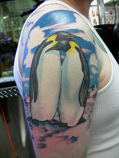 Penguin Tattoos On Girl Right Half Sleeve