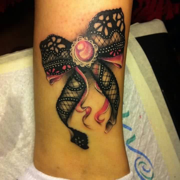 Pink And Black Lace Ribbon Bow Tattoo Design For Leg