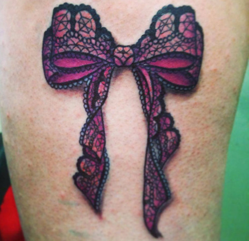 Pink And Black Lace Ribbon Bow Tattoo Design For Thigh