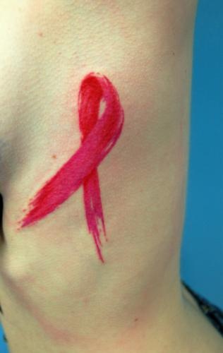 Pink Ink Cancer Ribbon Tattoo On Side Rib