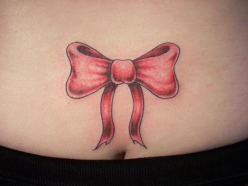 Pink Ink Ribbon Bow Tattoo Design For Stomach