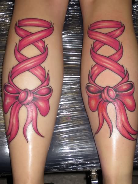 Pink Ribbon Corset Bow Tattoo On Both Leg Calf