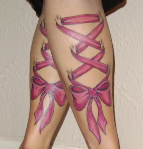 Pink Ribbon Corset Bow Tattoo On Both Leg