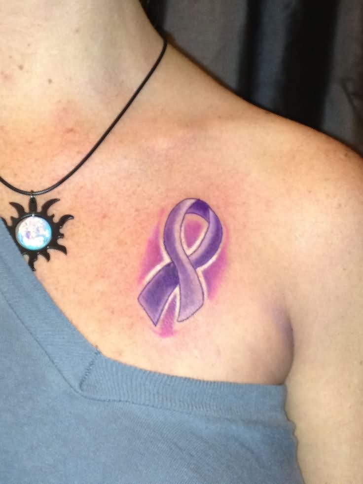 Purple Cancer Ribbon Tattoo On Left Front Shoulder