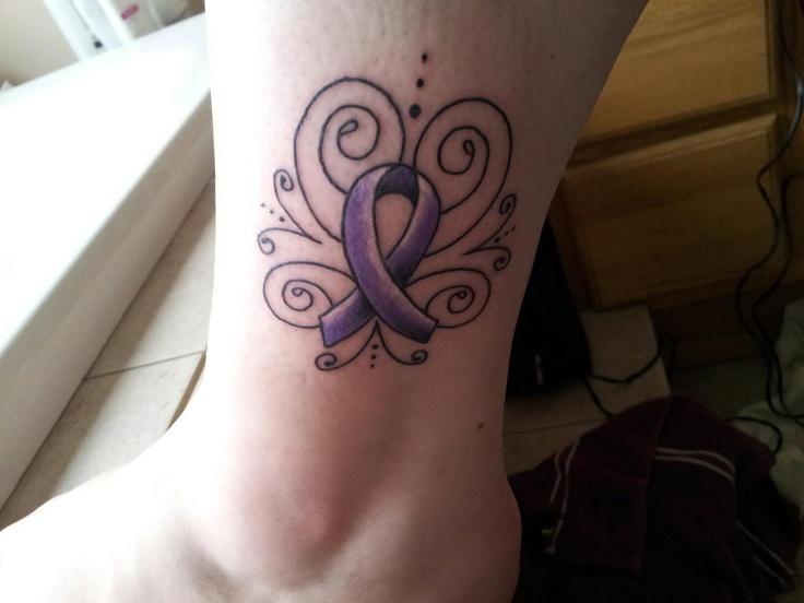 Purple Cancer Ribbon Tattoo On Leg