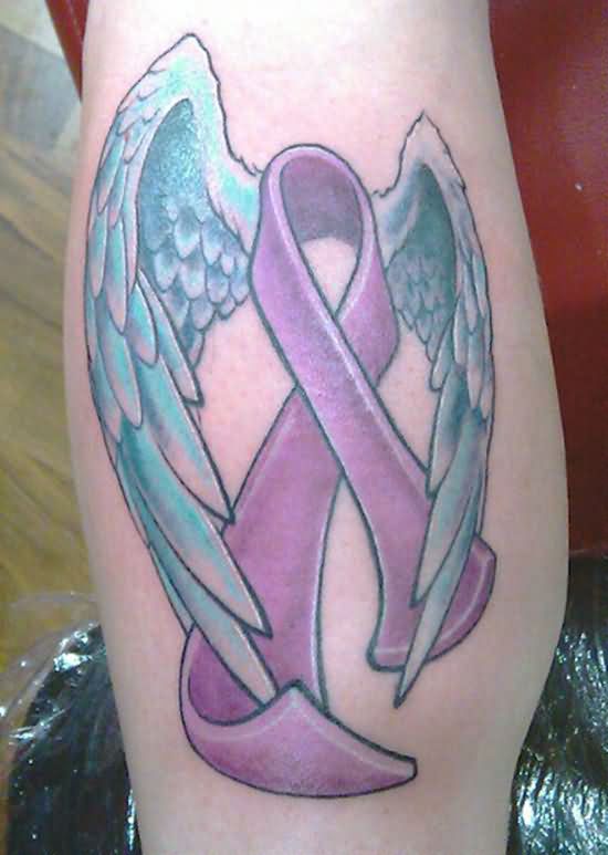 Purple Cancer Ribbon With Angel Wings Tattoo Design