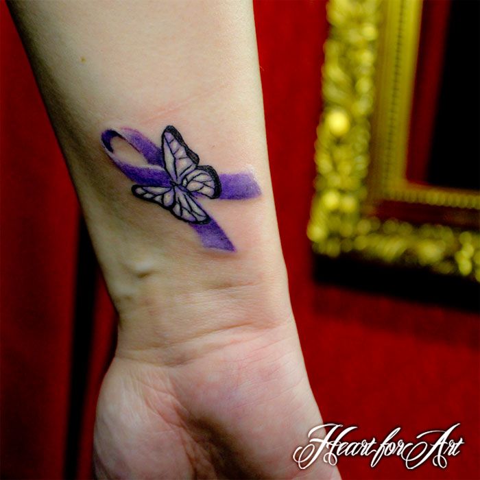 Purple Cancer Ribbon With Butterfly Tattoo On Wrist