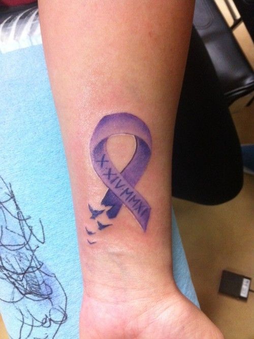 Purple Cancer Ribbon With Flying Birds Tattoo On Wrist