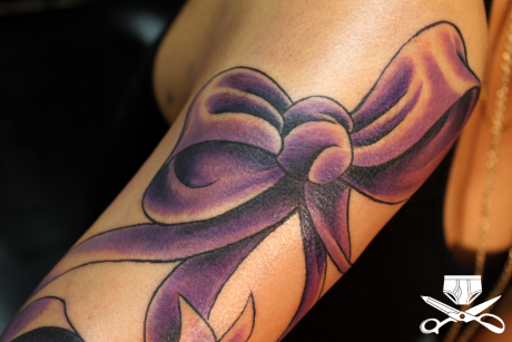 Purple Ribbon Bow Tattoo Design For Half Sleeve