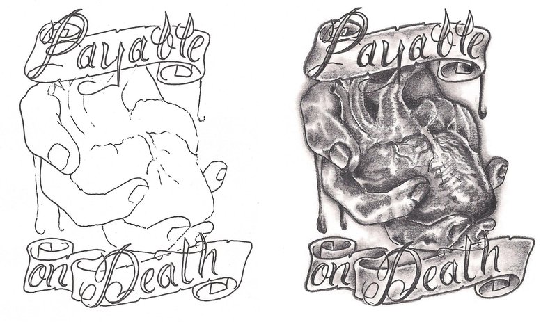 Real Heart In Hand Payable On Death Banner Tattoo Design By Rosanne