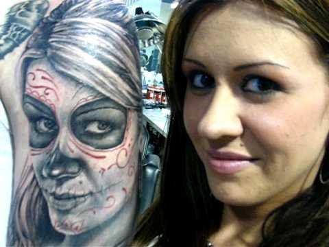 Realistic Dia De Los Muertos Girl Face Tattoo Design