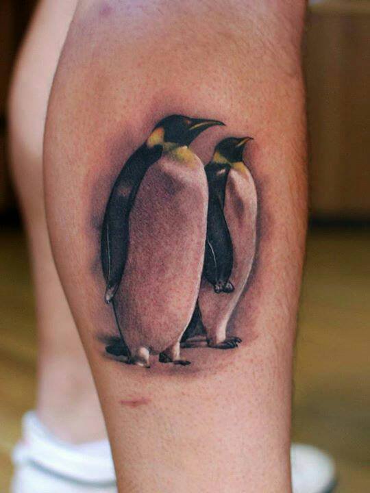 Realistic Penguin Tattoos On Right Leg