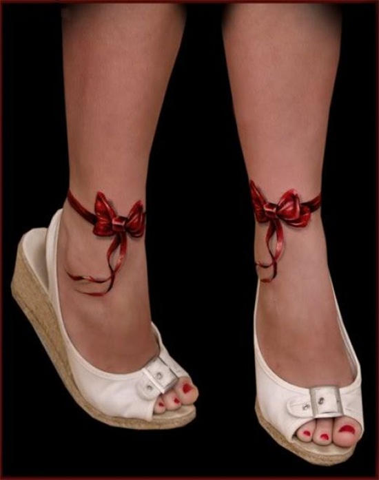 Realistic Red Ribbon Bow Tattoo On Leg