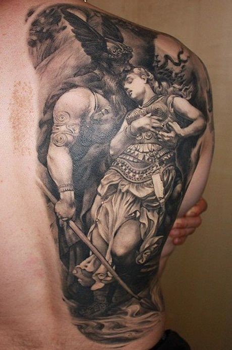 Realistic Viking Tattoo On Right Back Shoulder