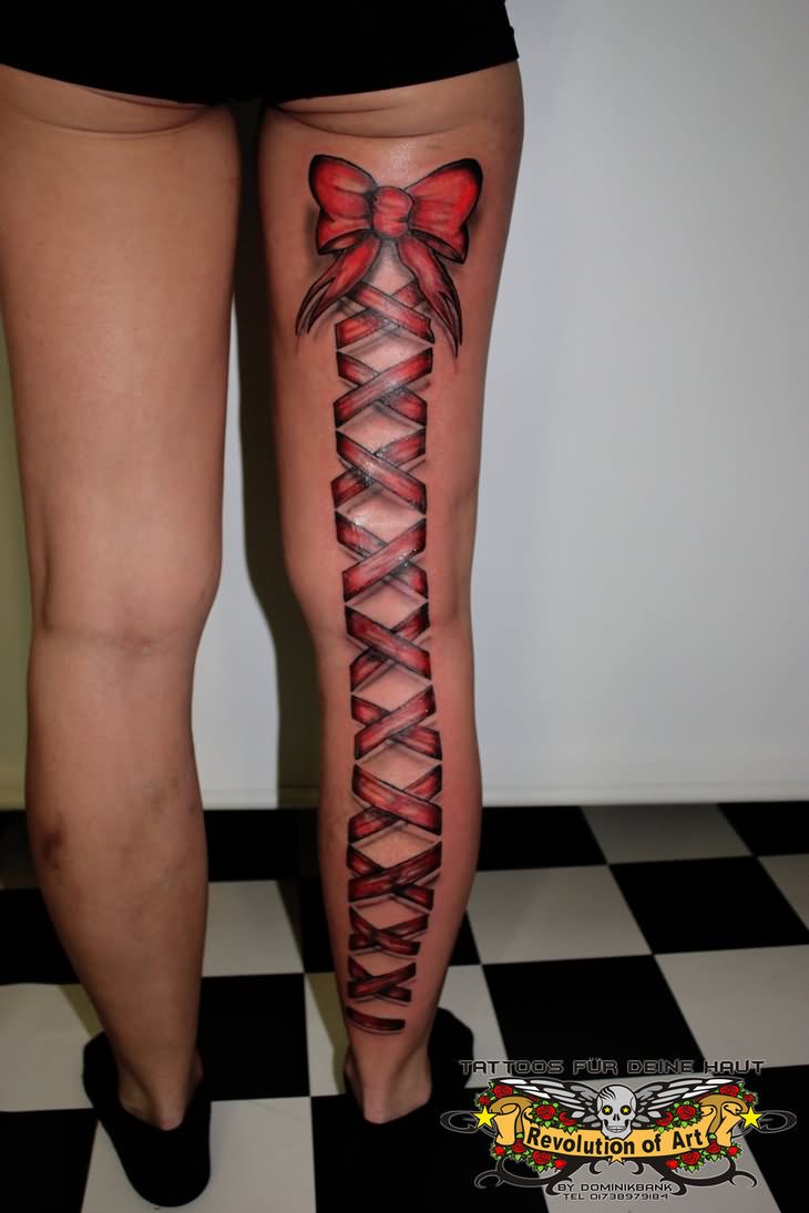 Red And Black Ribbon Corset Bow Tattoo On Right Full Leg