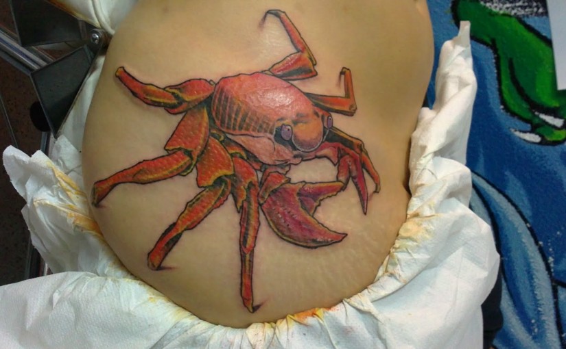 Red Crab Tattoo On Right Side Rib