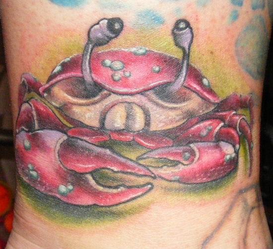 Red Ink Crab Tattoo Closeup Image
