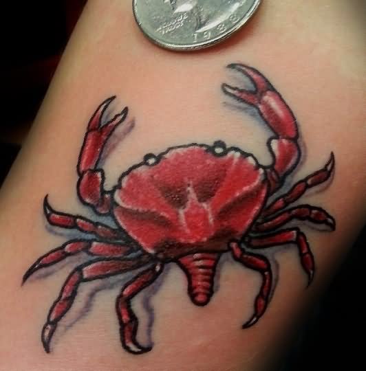 Red Ink Crab Tattoo On Arm Sleeve