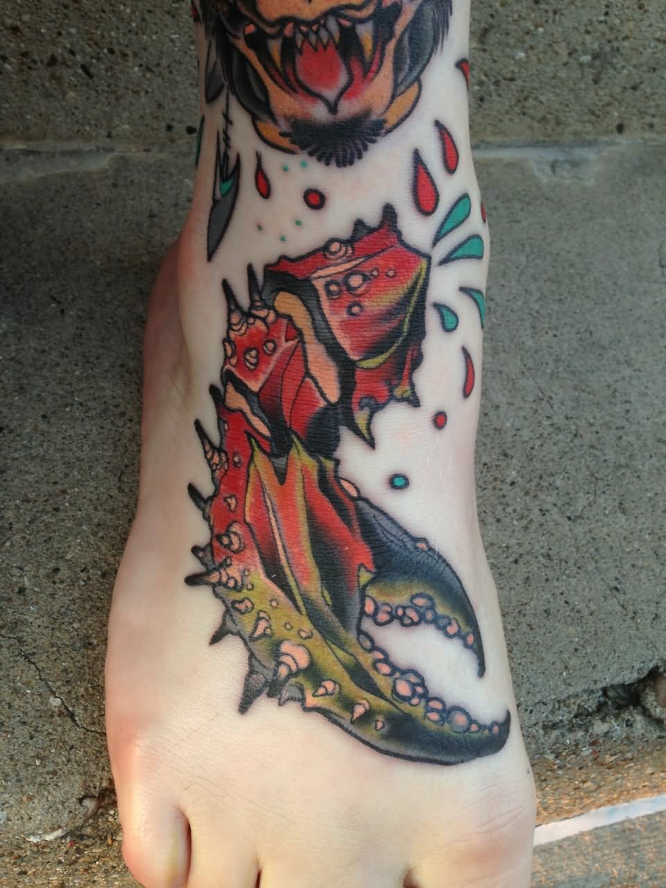Red Ink Crab Tattoo On Right Foot