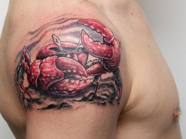 Red Ink Crab Tattoo On Right Shoulder