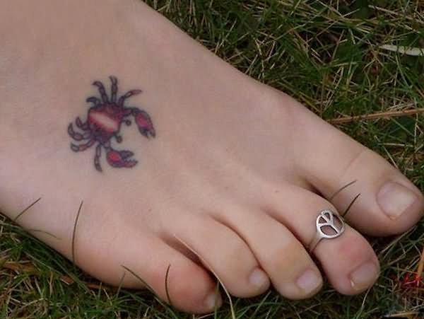 Red Ink Small Crab Tattoo On right Foot