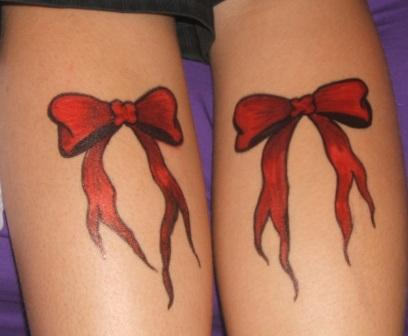 Red Ribbon Bow Tattoo Design For Leg Calf