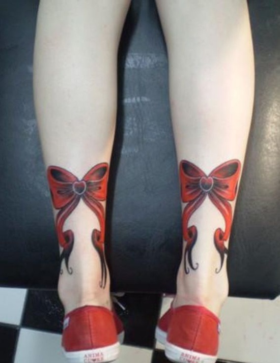 Red Ribbon Bow Tattoo On Both Leg