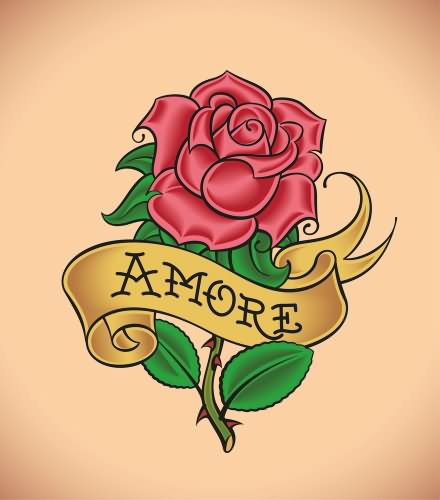 Red Rose With Scroll Ribbon Tattoo Design