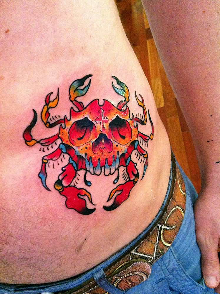 Red Skull Crab Tattoo On Man Side Rib