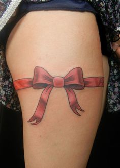 Ribbon Bow Tattoo On Leg