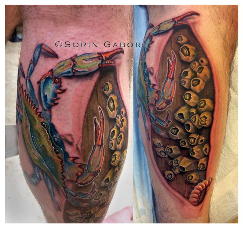Rip Skin Leg With Realistic Blue Crab Tattoo And Barnacles on Dock