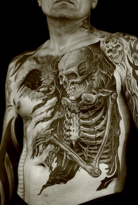 Ripped Skin Death Skeleton Tattoo On Man Full Body