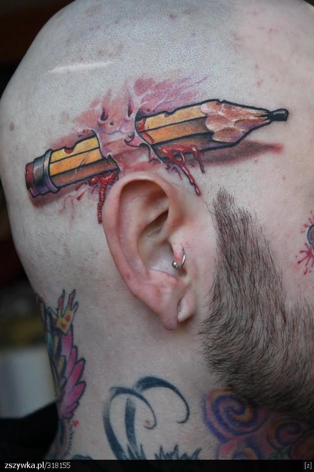 Ripped Skin Pencil Tattoo On Man Head