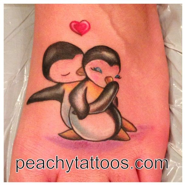 Romantic Lovers Penguin Couple Tattoo On Left Foot