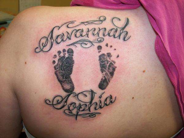 Savannah Sophia - Black Ink Footprints Tattoo On Left Back Shoulder