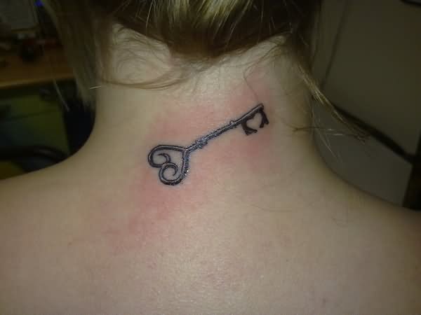 Simple Heart Key Tattoo On Back Neck