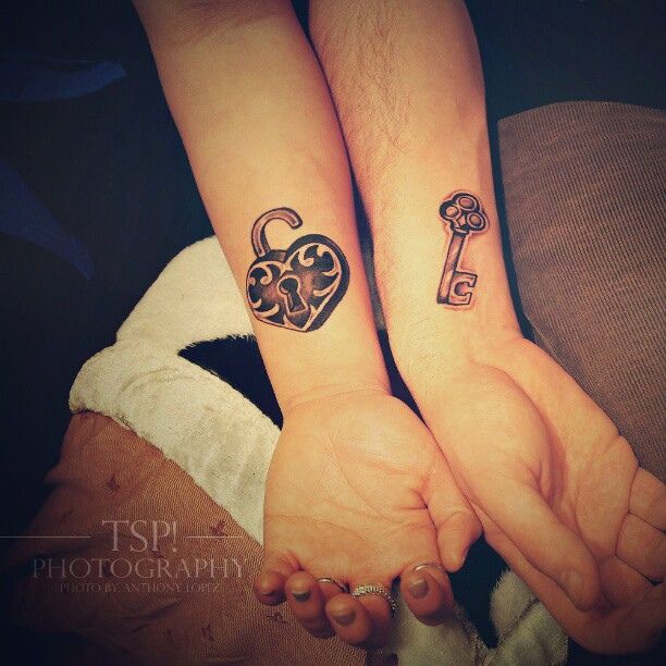 Simple Heart Lock And Key Tattoo On Couple Wrist