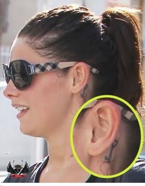 Simple Little Key Tattoo On Girl Behind The Ear