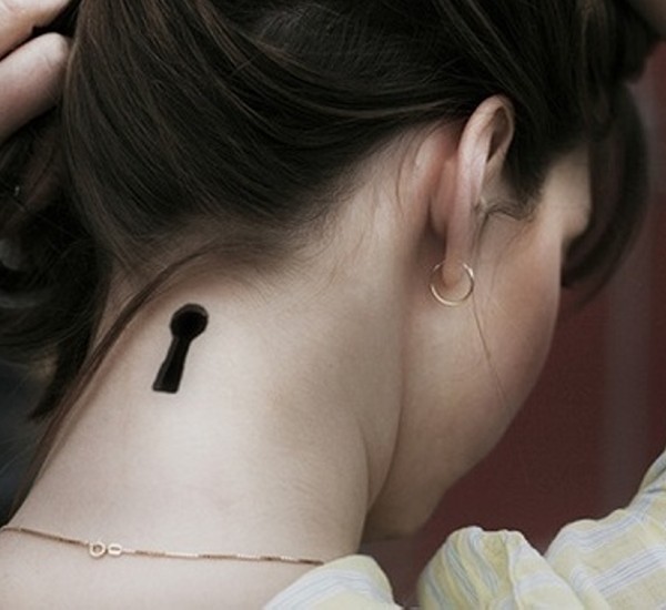 Simple Silhouette Key Hole Tattoo On Girl Back Neck