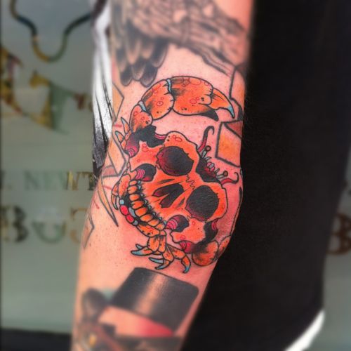 Skull And Crab Tattoo On Full Sleeve